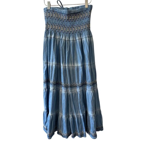 Indigo & Lace Tiered Chambray Peasant Midi Skirt M - Picture 3 of 6